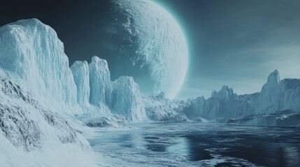 Fototapeta premium Frozen alien landscape with a large, luminous planet in the sky.