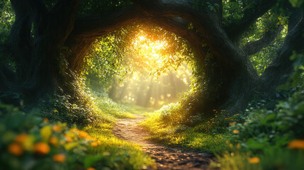 bright sunbeams illuminating lush forest entrance, nature’s mysterious sanctuary