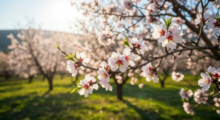 Obraz premium Sunlit orchard blossoms in spring, showcasing delicate pink and white flowers against a blurred background of grass and distant hills