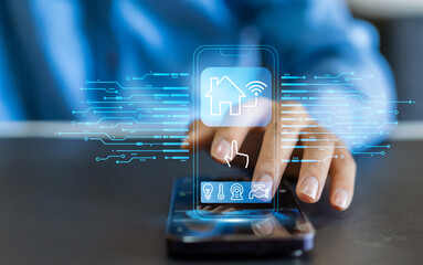 Smart home technology interface on smartphone, home IOT control panel for temperature and energy management, wireless automation system for modern smart living, security, device connectivity app