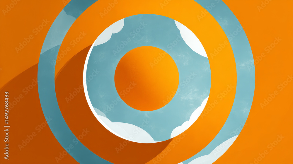 Poster bright orange background with layered circular shapes featuring blue sky and white clouds, creating 