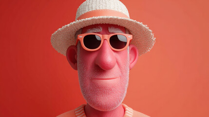 Cheerful animated character with red skin, wearing sunglasses and straw hat, exuding relaxed vibe against vibrant orange