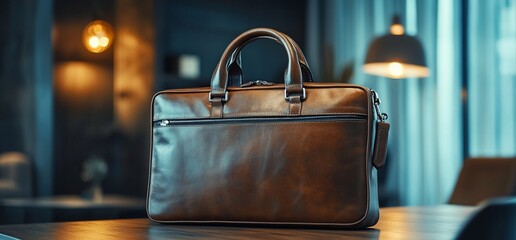 Brown leather briefcase on wooden table