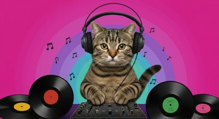 Cat DJ mixing music on a colorful background
