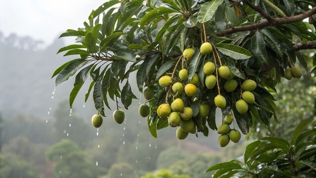 Lucuma Tree with Ripe Fruits in Dark Rainy Weather
