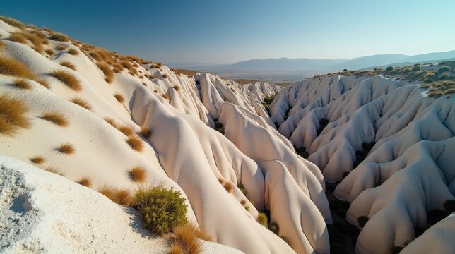 Sunny midday view of Sorbas Gypsum Karst from above, revealing the striking landscape of the desert-like terrain.