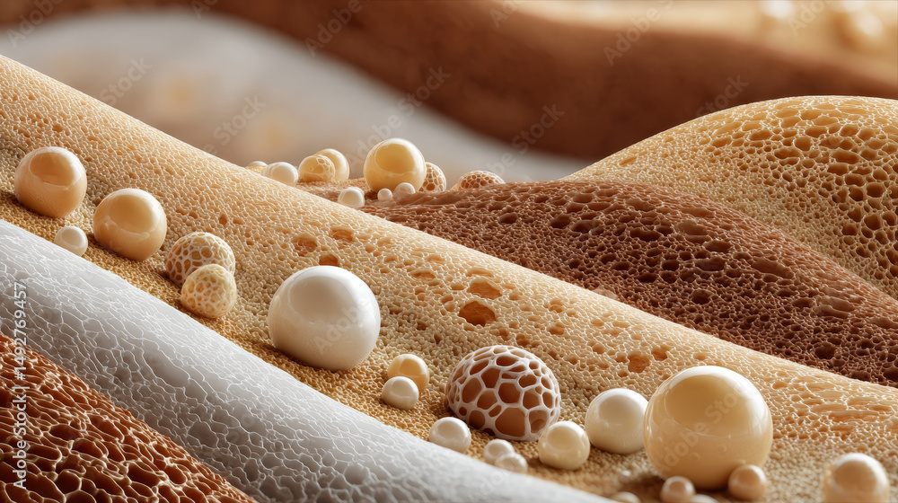 Poster textured layers of foam in shades of brown and cream, showcasing bubbles and organic forms, create v