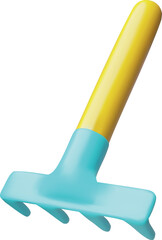3d vector illustration of blue metal rake with wooden handle.