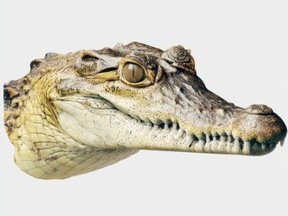 Obraz premium Crocodile headshot on white background, detailed portrait of reptile, eye contact, studio shot, wildlife photography