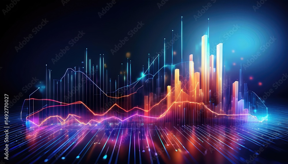 Poster dynamic glowing bar charts on dark background symbolizing financial growth and progress in the moder