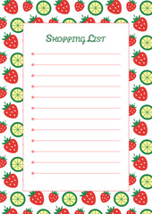 Shopping list. A4 vertical template with space for notes on a background with a pattern of strawberries and lime slices