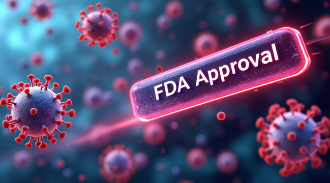 FDA Approved concept, FDA approval text with floating virus particles creates sense of urgency and importance in health