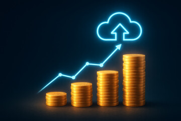 Stacked Coins with Rising Graph and Cloud Upload Icon