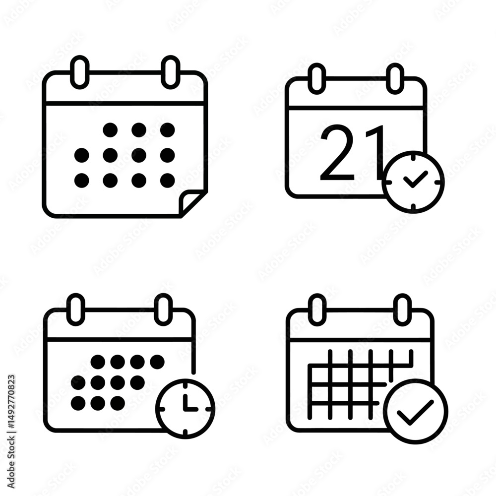 Poster four calendar icons with different representations of time and date in black and white theme