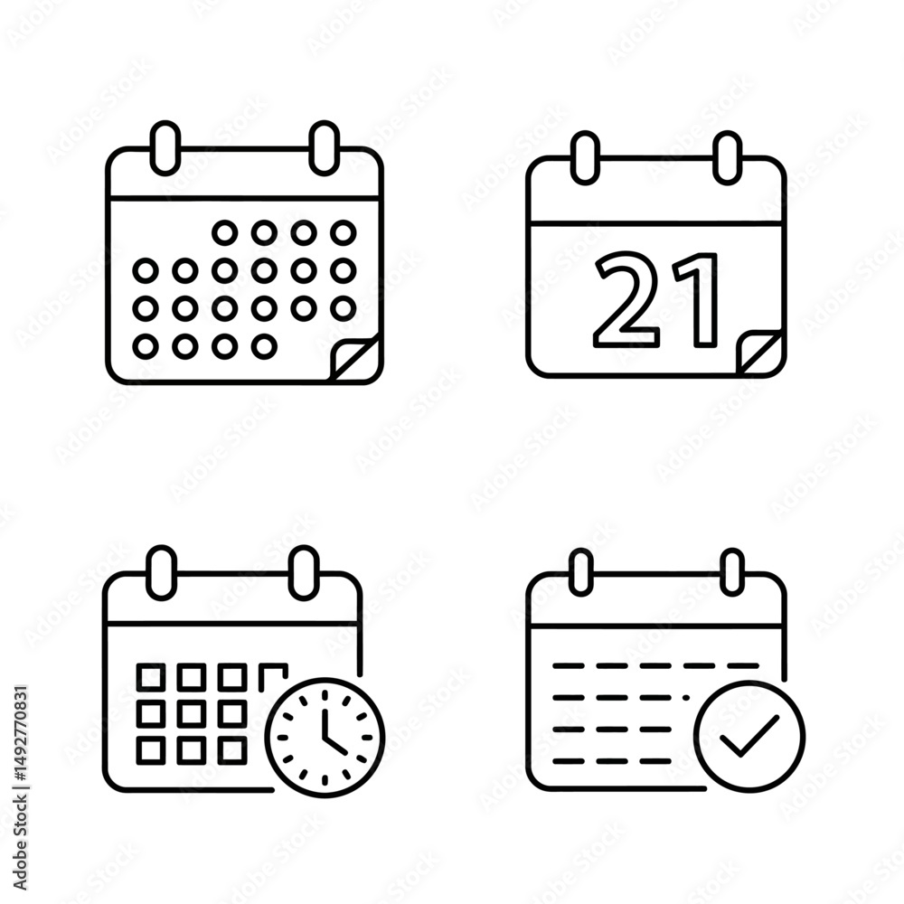 Poster four calendar icons with different date markings and symbols in a line art style on white background