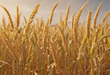 Fototapeta premium Ripe wheat stalks sway gently in warm breeze, vibrant yellow hues dominate , cereal, image