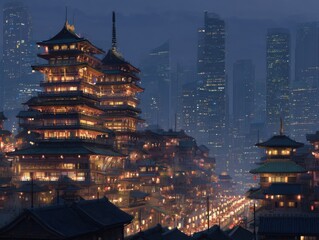 Fototapeta premium Night cityscape featuring traditional Japanese architecture with modern skyscrapers in the background, illuminated buildings and street lights, aerial view