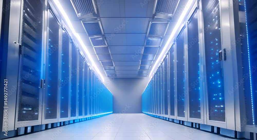 Poster hallway with rows of servers and blue cloud simulate the concept of infinite storage in cloud system