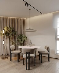 Copy space on a modern white dining table with a ceramic coffee pot, a coffee cup, and a ceramic flower vase in a modern white living room. close-up image. 3d render, 3d illustration