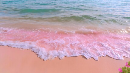 Obraz premium Tranquil Ocean Waves Gently Lapping Against Soft Pink Sand Beach