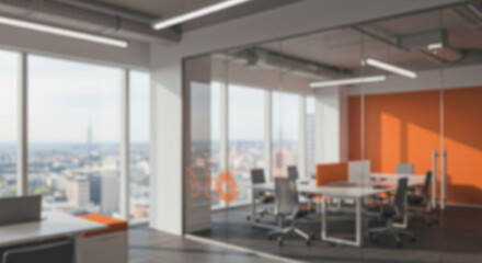 Beautiful blurred background of a modern office interior in gray tones with panoramic windows, glass partitions and orange color accents.