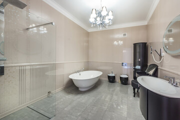Exclusive design of the bathroom, decorated in pastel colors. Stylish bathtub, dark furniture.