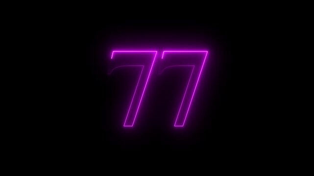 Abstract glowing neon text number countdown icon. 77 text animation by pink   color neon on black background.