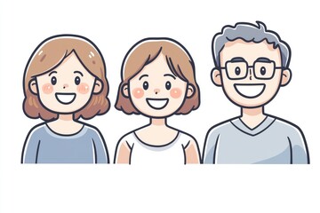 Three cheerful cartoon figures standing in a row.