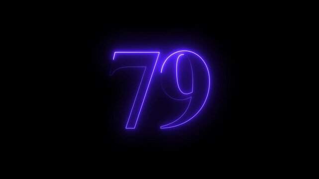 Abstract glowing neon text number countdown icon. 79 text animation by blue  color neon on black background.