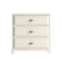 Cream colored chest of drawers with gold handles on black background