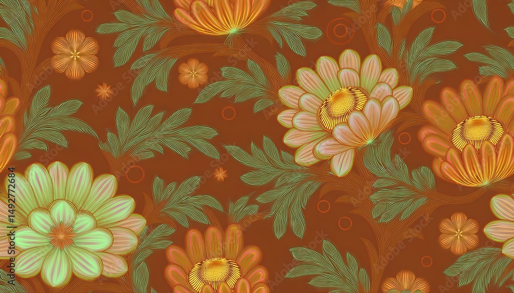 Poster vibrant retro floral pattern on seamless background, injecting a pop of color into fabrics and linen