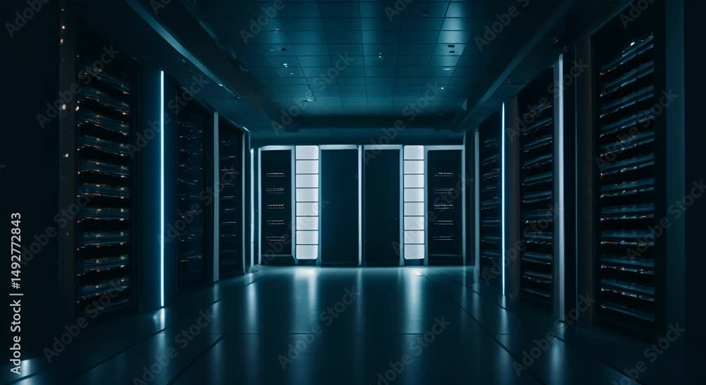 Poster a photo capturing the rows of servers in a data center illuminated in the darkness of the night a fu