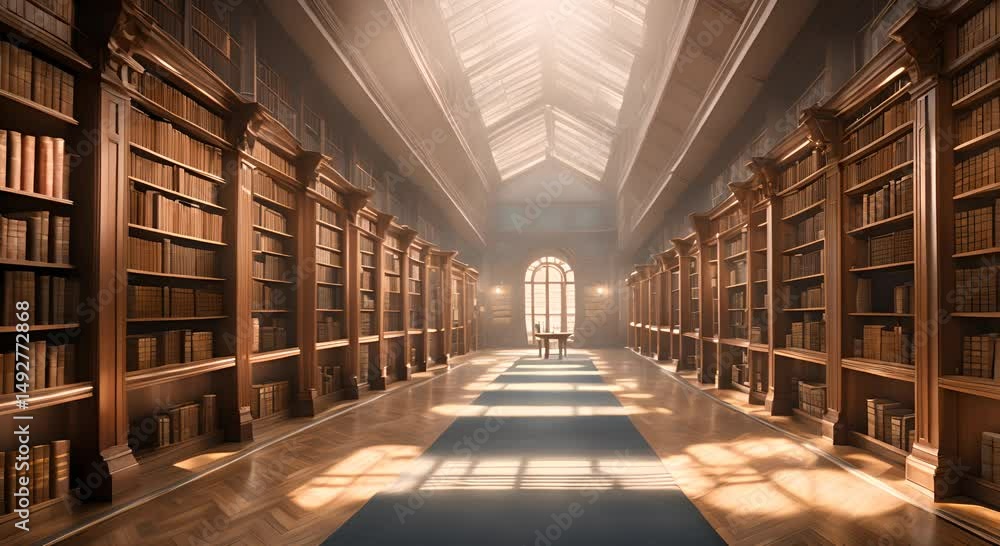 Poster a peaceful library with rows of bookshelves and empty tables perfect for quiet study a serene librar