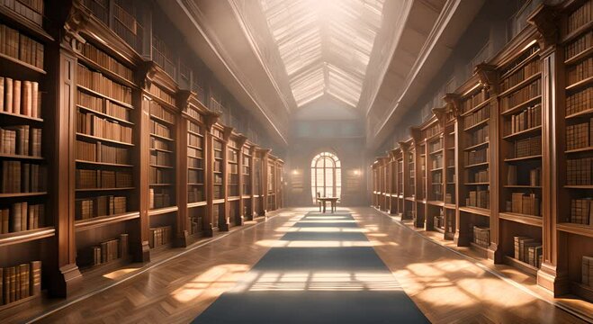 A peaceful library with rows of bookshelves and empty tables perfect for quiet study A serene library with rows of books and quiet study areas 4K