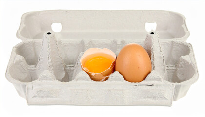 Fresh Brown Egg and Broken Egg Yolk in Carton High-Quality Stock Photo