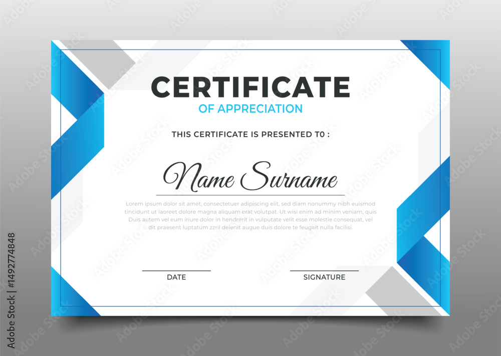Poster blue business certificate of appreciation template frame border geometric triangular design