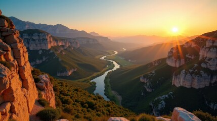 High-quality photo of Valle de Alcudia at dawn, sunny, from a view above.