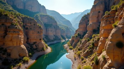 Montrebei Gorge in Spain at midday, under sunny skies, shot from an elevated viewpoint.