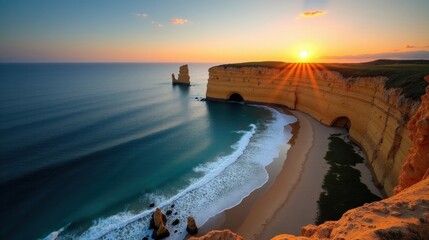 Cabo Penas at dawn with sunny weather, shot from a high vantage point, showcasing the rugged coastline and cliffs.