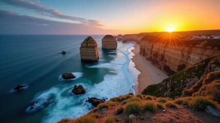 Cabo Penas at dawn with sunny weather, shot from a high vantage point, showcasing the rugged coastline and cliffs.