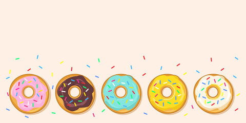 Set of colorful donuts. Various types of donuts in glaze and chocolate, cafe design elements, menu, advertising banner. place for text. Vector flat cartoon illustration.