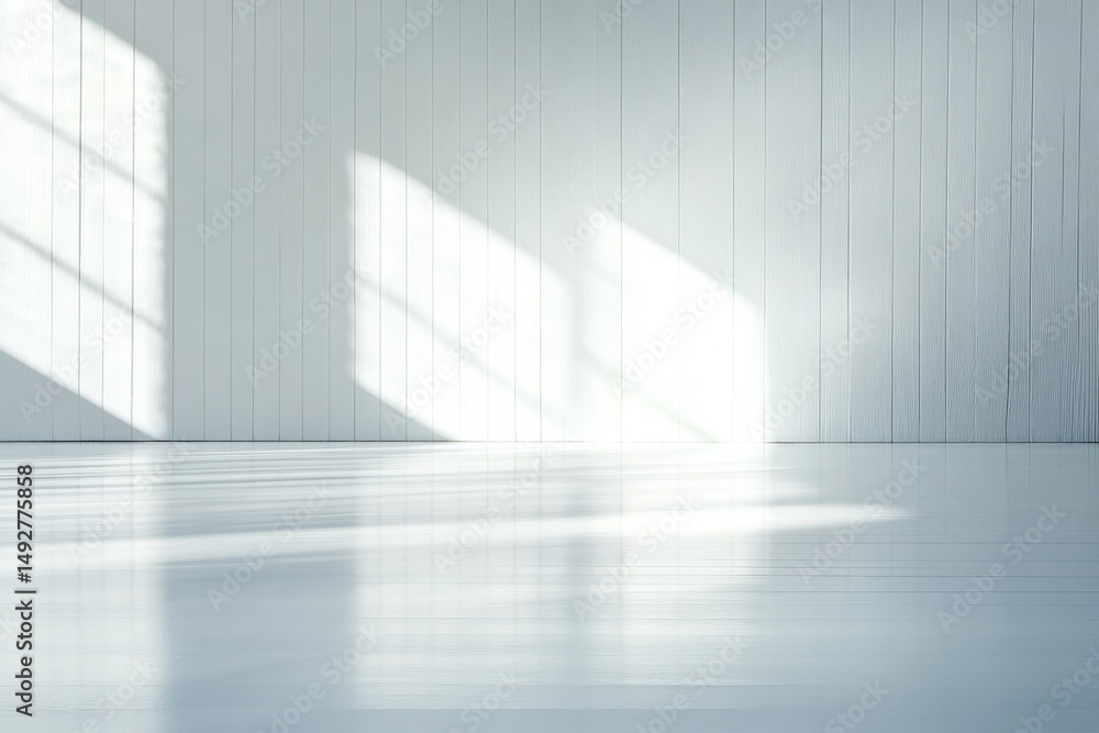 Poster this bright minimalist interior features soft light casting gentle shadows on a clean white floor, c