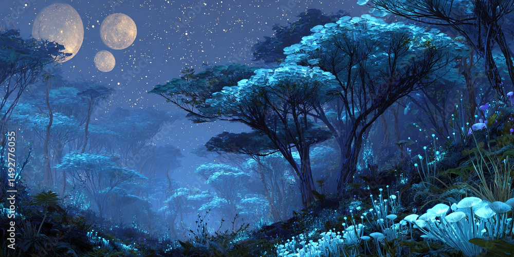 Poster enchanted forest at night, glowing blue flora under three moons, creating a mystical and serene atmo