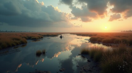 Panoramic view of Isla Cristina Marshes, Spain, during dawn with cloudy skies.