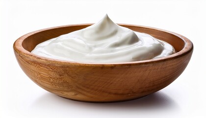 sour cream in wooden bowl on white background