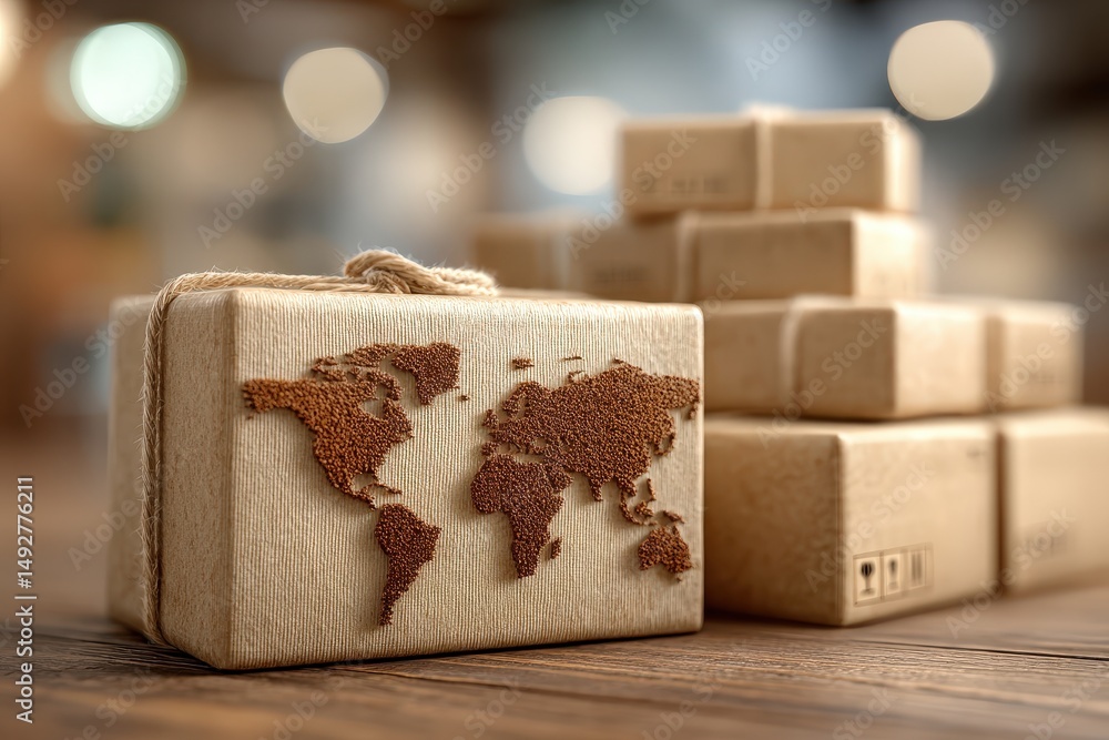 Poster world map on package in freight forwarding office setting