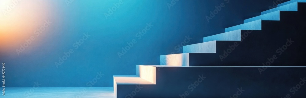 Poster a serene and modern view of a staircase illuminated by soft blue light. the minimalist design evokes