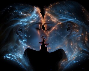 Two women's faces, illuminated with ethereal light, entwined in a heart shape