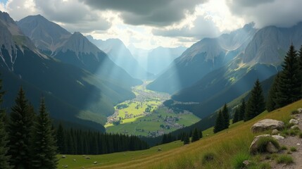 Cloudy midday view of Pineta Valley, Spain, captured in a panoramic shot, revealing the lush valley and surrounding peaks.