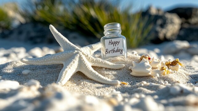 Beach birthday message in a jar with starfish